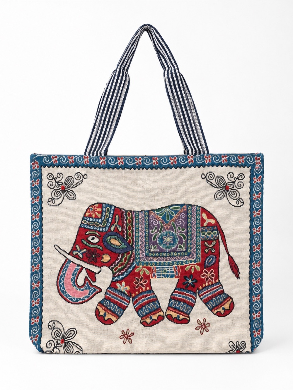 Thai Elephant Woven Tote Bag Blue Border Large Zipper Shoulder Bag